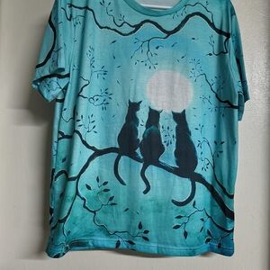 Teal T-Shirt with Cat and Moon Design